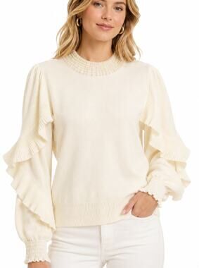 Mally Roncal Pearl Mock Neck Sweater XXS Ivory Ruffle Sleeve Romantic Elegant